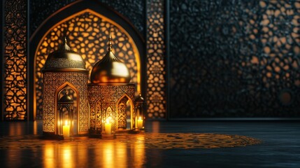 Ornate Lanterns with Warm Glow in Intricate Architectural Setting