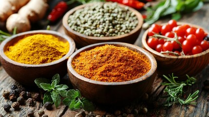 Assortment of spices and herbs in bowls on a wooden surface