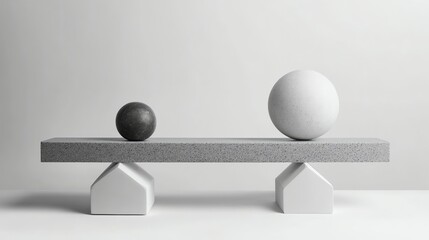 A perfectly balanced sculpture of a smooth sphere on a rough stone beam, and a rough stone on the bottom.