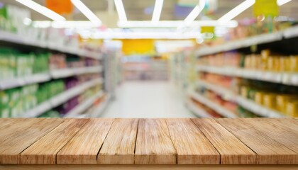 Empty wood table top on shelf in supermarket blurred background