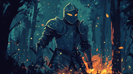 Fototapeta premium Fiery knight in armor battling in a dark forest during a mystical twilight. Twilight. Illustration