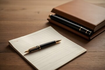 A close-up of a pen resting diagonally on an open jotter. The well-lit scene highlights the texture of the lined pages, perfect for themes of writing, note-taking, and journaling.