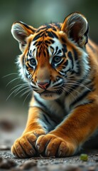 Fototapeta premium Young tiger cub resting during a sunny afternoon in a natural habitat