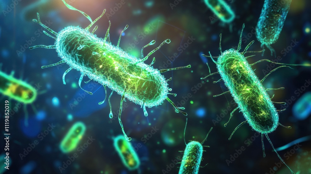 Poster close-up view of colorful bacteria in microscopic environment