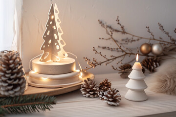 Christmas Home Decor: White Tree and Winter Pine Cone Arrangement – Ideal for Holiday Promotions
