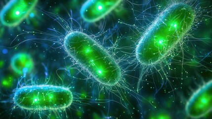Obraz premium Microscopic View of Green Bacteria with Glowing Details