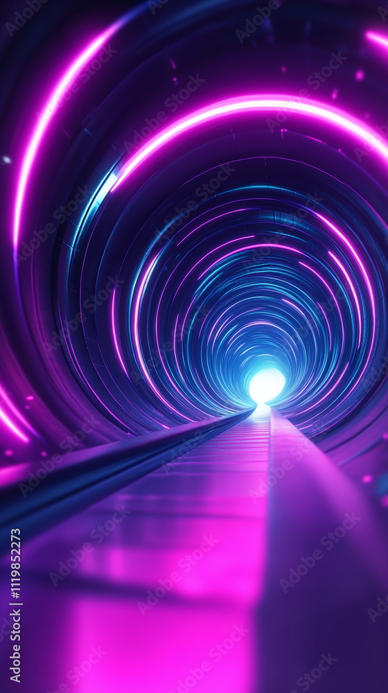Poster radiating light tunnels. bright teal and purple curves. abstract depth effect creating a sense of mo