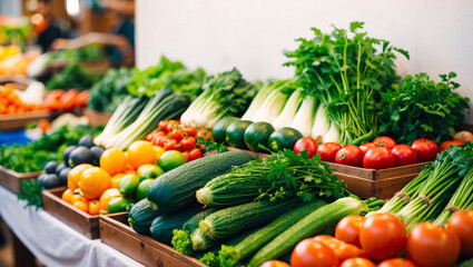 Seasonal Fresh Vegetables Displayed on Rustic Wooden Table in Traditional Market Stall with Organic Produce