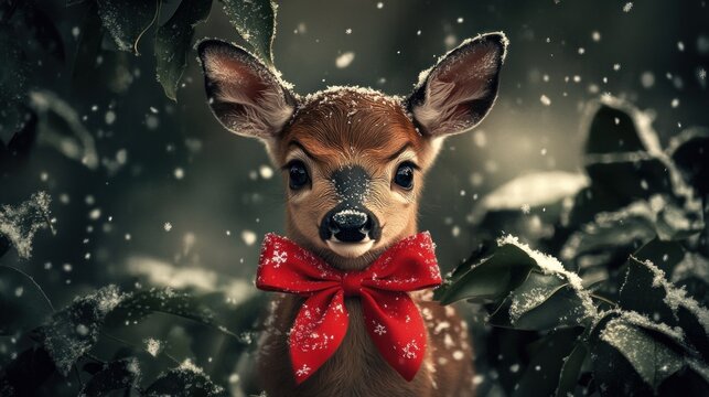 A fawn adorned with a festive red bow amidst falling snow and greenery.