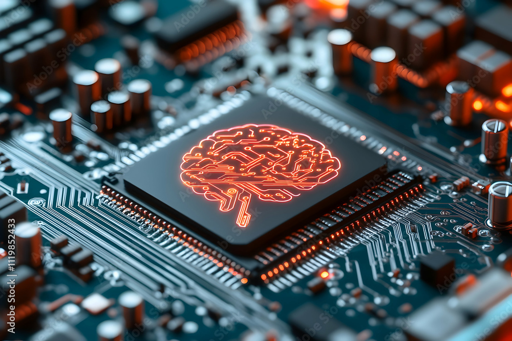 Poster glowing brain on a circuit board, artificial intelligence concept.