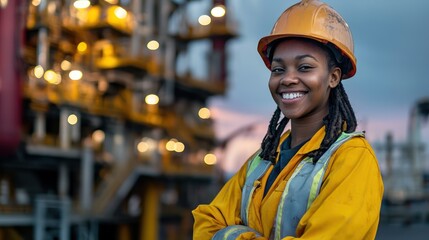 A smiling oil worker standing in front of a rig.