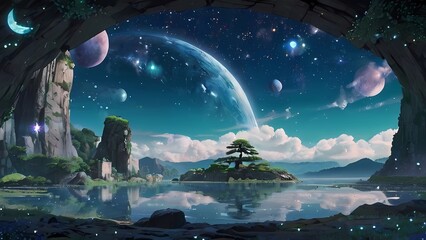 ゲーム背景　天地創造をイメージする惑星と小島のある風景