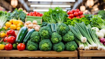 Traditional Market with Fresh Vegetables on Wooden Table Offering Local and Organic Produce