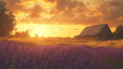 Sunset over lavender field with rustic barn.