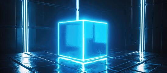 Obraz premium Glowing blue cube in a dark, futuristic room.