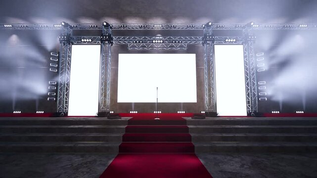 3D animation of red carpet leading to a big emty stage with shining screen