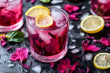 A Glass of Iced Hibiscus Tea with a Lemon Slice on a Black Surface