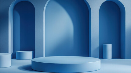Minimalist Blue Room with Curved Arches and Geometric Shapes for Modern Design