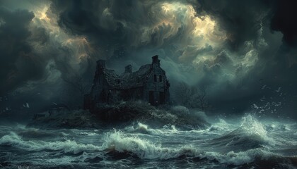 Fototapeta premium Ruined House on an Island in a Stormy Sea