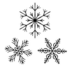 Set of three vector illustration of a snowflakes with symmetrical geometric patterns. Perfect for Christmas and winter designs, holiday cards, seasonal decorations and festive creative projects