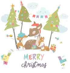 Cute Cartoon Deer family. Merry Christmas. Vector illustration