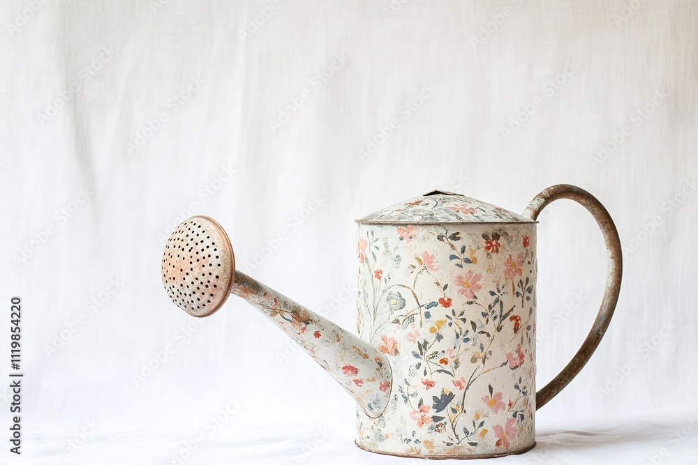 Poster vintage-style watering can with delicate floral patterns placed on white background with enough empt