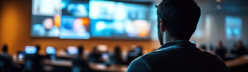 A person observes multiple screens in a control room setting.
