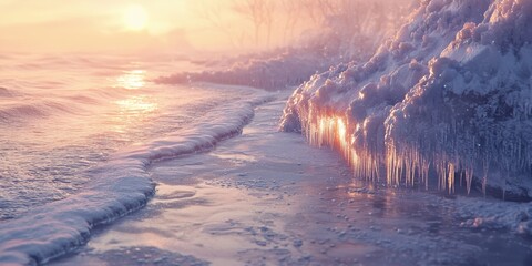 Naklejka premium Icy Coastline Sunrise Frozen Waves Winter Wonderland Scene
