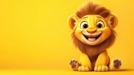 A cheerful cartoon lion cub with a big smile against a bright yellow background.
