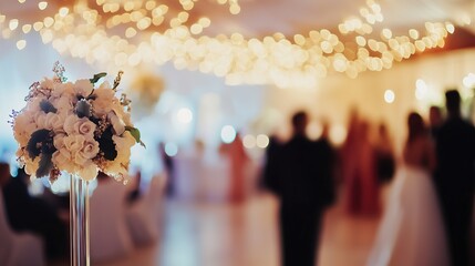 wedding venue with elegant decorations and soft lighting with blurred people in background