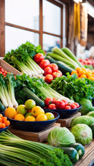 A Variety of Fresh Vegetables Displayed on Rustic Wooden Stand at Local Traditional Market Stall