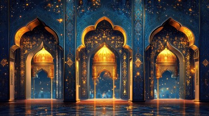 Obraz premium Majestic Blue and Gold Arched Interior with Soft Lighting Effects