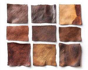 Various leather swatches arranged in a grid on a white isolate background.