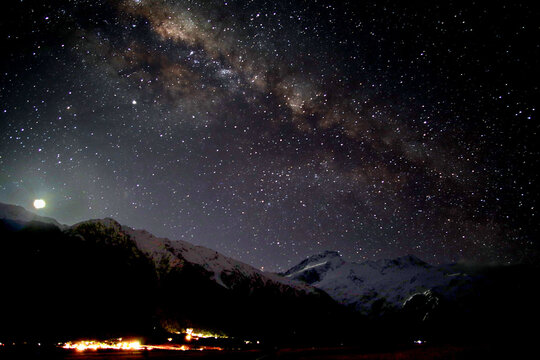 The scenery of Mt. Cook Village with milky way.