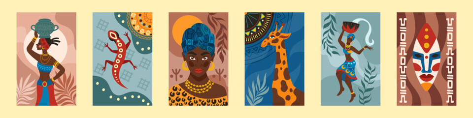 African culture. Africa animal. Painting pattern. Ethnic dance. Tribe woman face. Safari giraffe and iguana lizard. Boho poster. Abstract geometric native folk. Totem mask. Vector tidy banners set