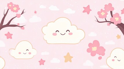 A whimsical pattern featuring smiling clouds, stars, and pink flowers on a soft pink background.