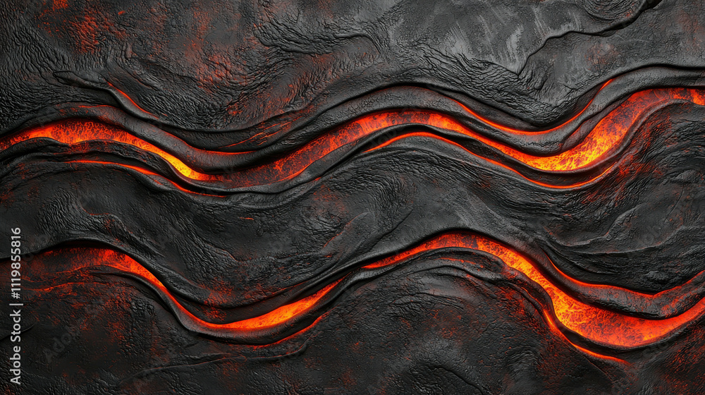 Poster fiery lava flow on dark textured surface with wavy patterns and glowing embers