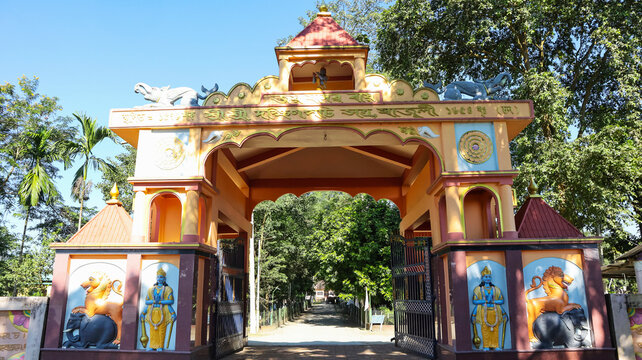 Entrance gate of Dakhinpat Satra, a temple dedicated to Lord Krishna, located on Majuli Island, Assam, India.  Oldest Satra of Majuli, Dakshin Pat was founded by Sri Banamali Deva in 1584 CE