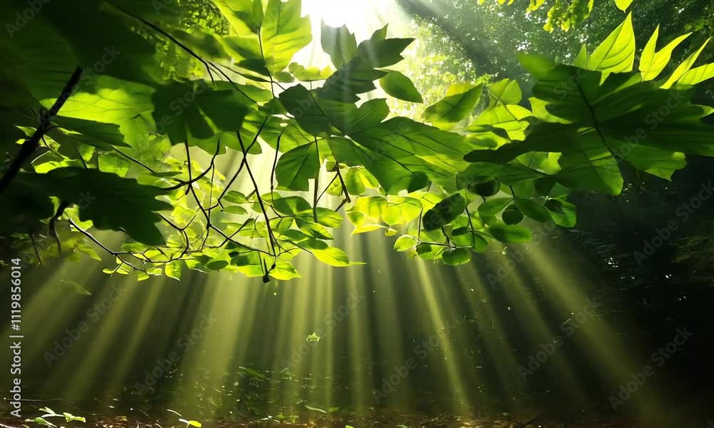 Poster sunlight streams through leafy branches in a serene forest setting.