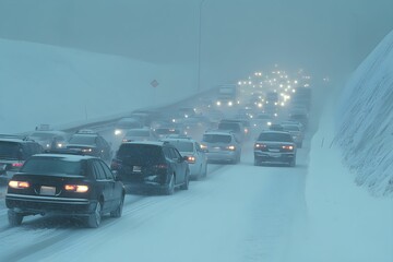 Long line of vehicles is stuck on snowy highway, battling challenging driving conditions during a powerful snowstorm. Limited visibility and heavy snowfall are causing significant delays.