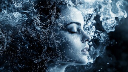 Woman's face surrounded by flowing water and mist