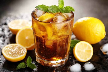 A Glass of Iced Tea with Lemon and Mint on a Black Surface