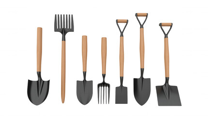 Set of Gardening Tools with Wooden Handles on Transparent Background for Design Use, Isolated PNG Image