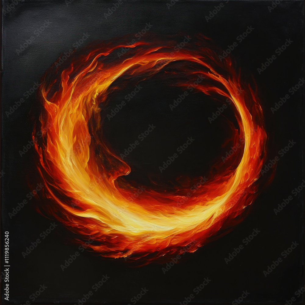 Poster abstract circular flame design with fiery swirls on dark background for artistic use