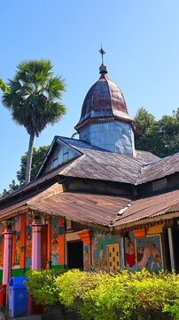 Facade of Dakhinpat Satra, the oldest satra on Majuli Island, founded by Sri Banamali Deva in 1584 CE, Assam, India.