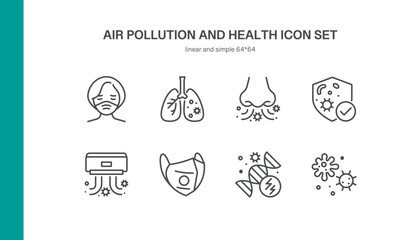 Air pollution and health icon set. Includes face mask, lungs, air conditioner, air filter, bacteria, viruses, damaged DNA and respiratory protection. Perfect for environmental and health designs.