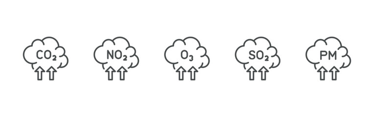 Air pollution icons set. Includes CO2, NO2, O3, SO2  Emissions, and particulate matter polluted cloud symbols. 