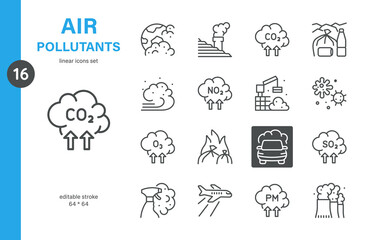 Air pollutants line icon set. Includes CO2, NO2, SO2, ozone, particulate matter, industrial emissions, trash waste burning, and car pollution. Perfect for environmental web design.
