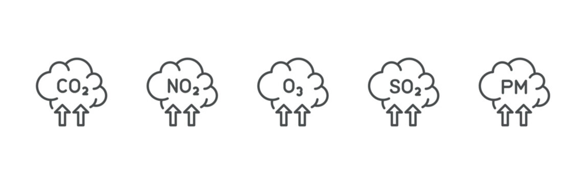 Air pollution icons set. Includes CO2, NO2, O3, SO2  Emissions, and particulate matter polluted cloud symbols. 