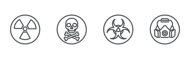 Hazard and Air Pollution icons. Set of toxic, biohazard, radioactive, respirator gas mask symbols. Perfect for environmental safety, contamination, and industrial design.